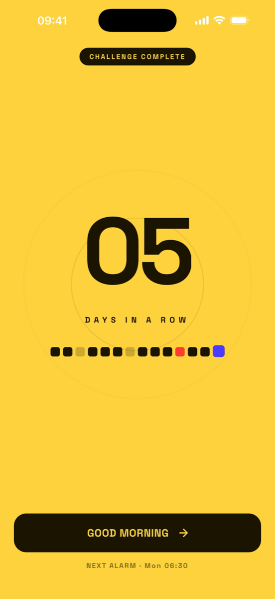 The screen after the last rep: five days in a row, on yellow.