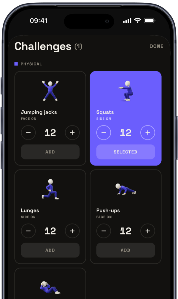 The physical challenge picker in Gedup, with jumping jacks, squats, lunges, push-ups and sit-ups.